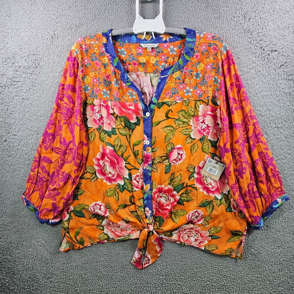 $109 NEW John Mark Shirt Top Women 2X Colorful Floral‎ Tie Waist Orange Tone